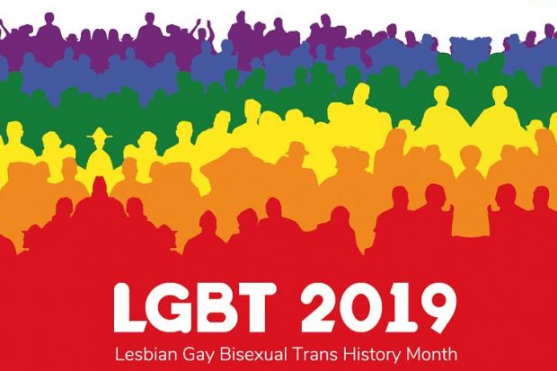 Lesbian Gay Bisexual Trans History Month 2019 poster depicting silhouettes of people in multicoloured rows 