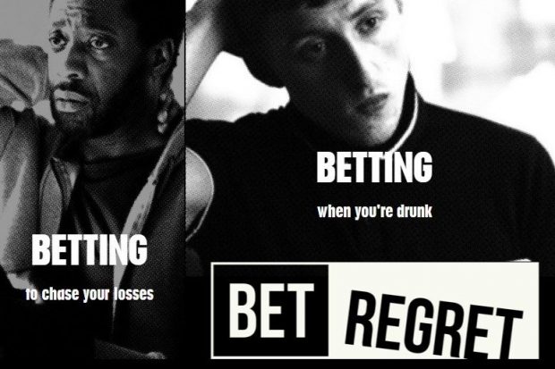 A poster depicting two young men looking distressed by their gambling choices. The poster promotes Bet Regret, a campaign focusing on ways to change negative gambling behaviour